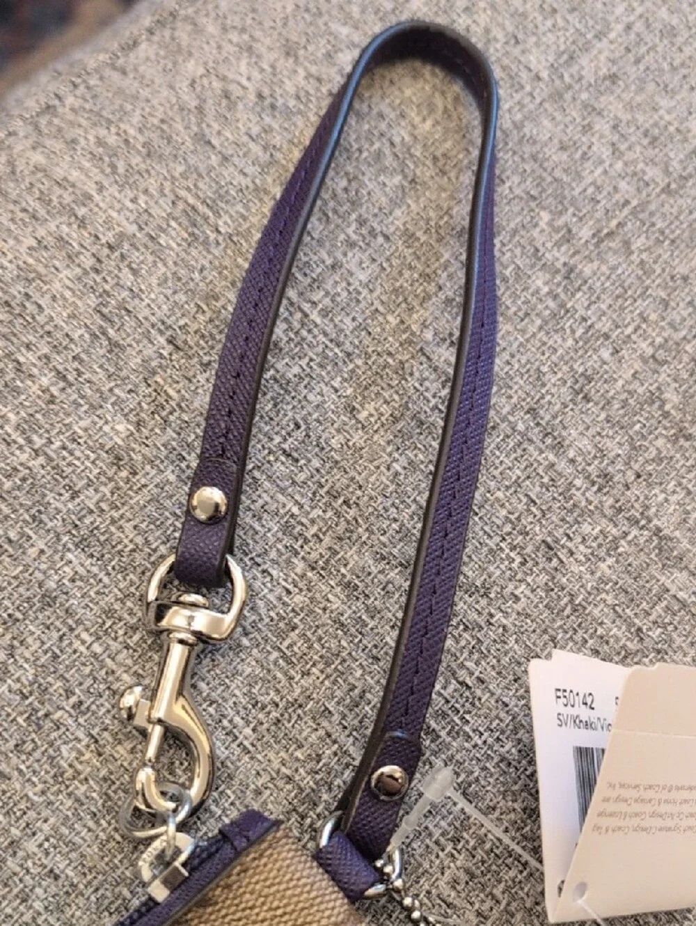 NWT Coach Khaki Signature Canvas Wristlet with Purple Trim